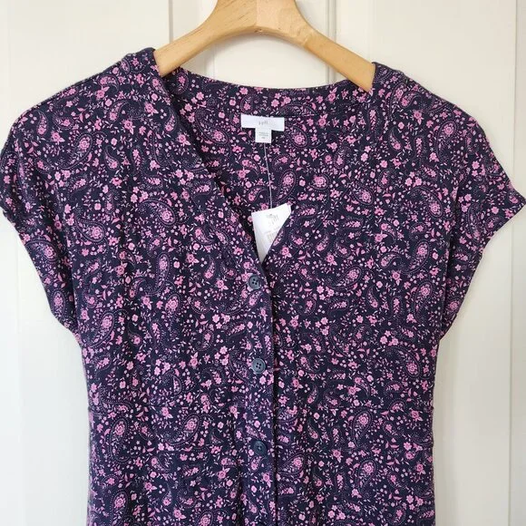 NEW J. Jill Navy Blue & Pink Floral Paisley Button Front Midi Dress Cottagecore - Picture 3 of 7